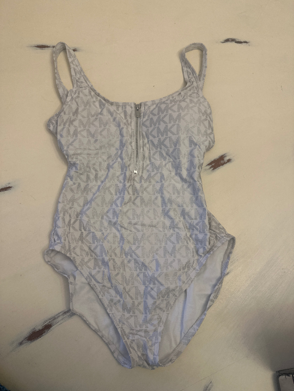 Michael Michael Kors White, Silver Logo Print Zip Front OnePiece Swimsuit Size 6
